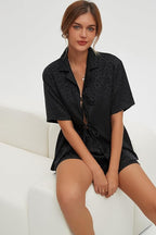 CHYRII Women's Silk Satin Pajamas Sets Tie Front Short Sleeve Tops and Shorts Two Piece Pj Sets Sleepwear