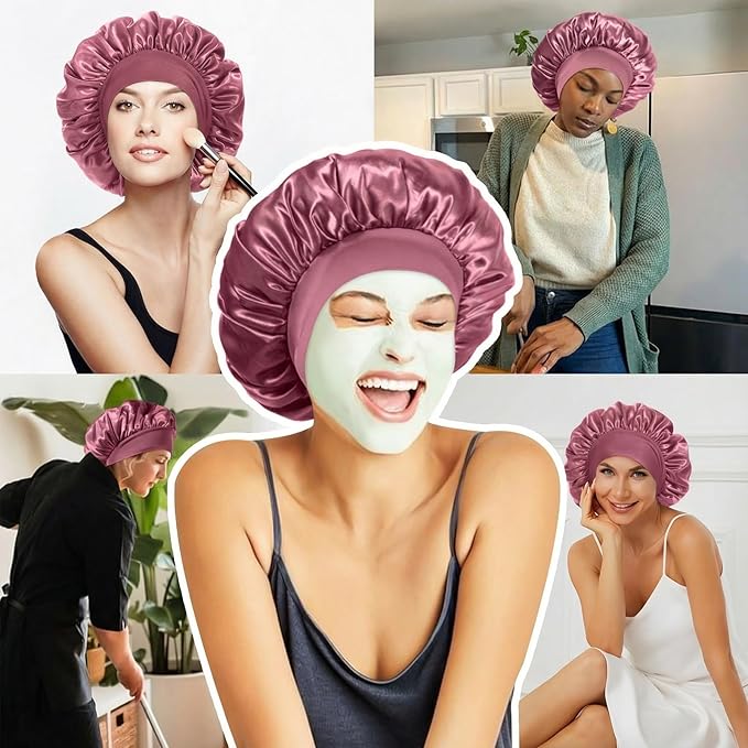 4Pcs Satin Bonnet Silk Bonnet, Hair Bonnet for Sleeping, Elastic Wide Band Silk Sleep Cap, Soft and Breathable(Rose Pink*4)