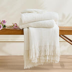 inhand Throw Blanket for Couch Bed,Chunky Chenille Woven Soft Blankets with Tassels,Cozy Boho Farmhouse Spring Summer Fall Decor,Warm Knitted Gifts for Women,50"x60",Medium Thick-Off White