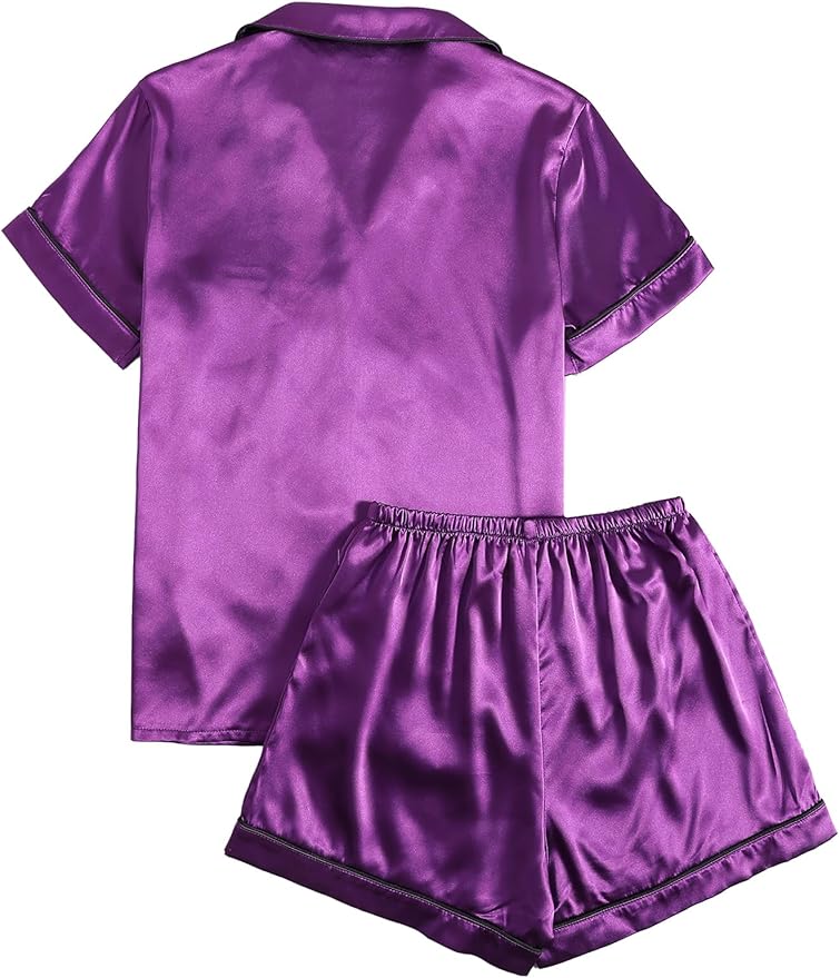 LYANER Women's Silky Satin Pajamas Set Short Sleeve Button Down Shirt With Shorts Pjs Set Sleepwear
