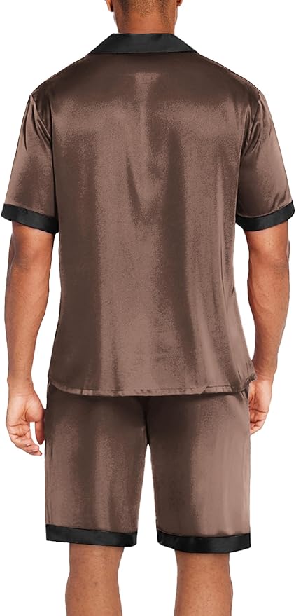 Ekouaer Men Satin Silk Pajamas Set with Pockets Sleepwear Shorts Satin Summer Loungewear 2 Piece Button Down Set S-3XL