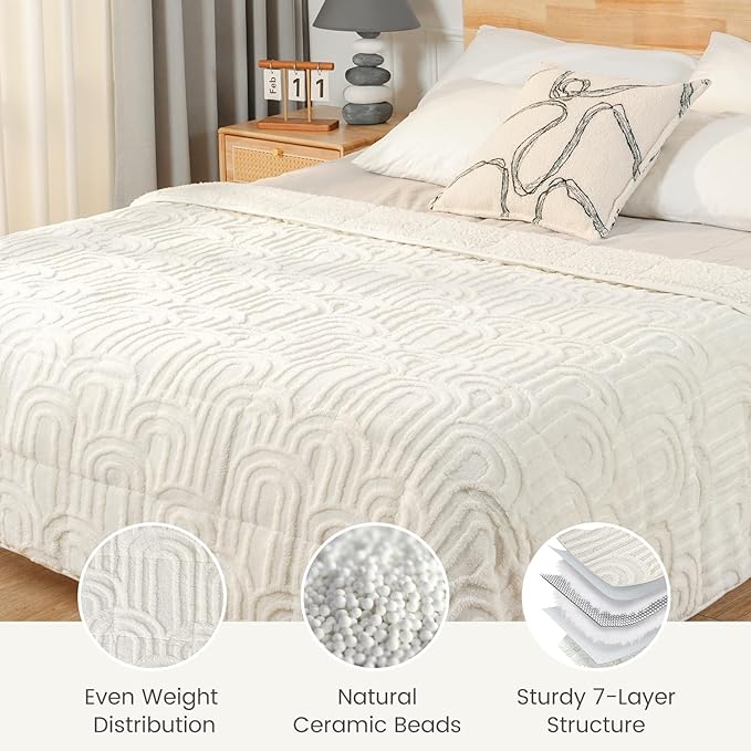 Sherpa Fleece Adult Weighted Blanket Great for Sleep, 20 lbs Dual Sided Soft Fuzzy Heavy Blankets for Couch Bed Sofa, Cozy Warm Arched Jacquard Throw for Winter (Cream White, 60" x 80", 20 Pounds)