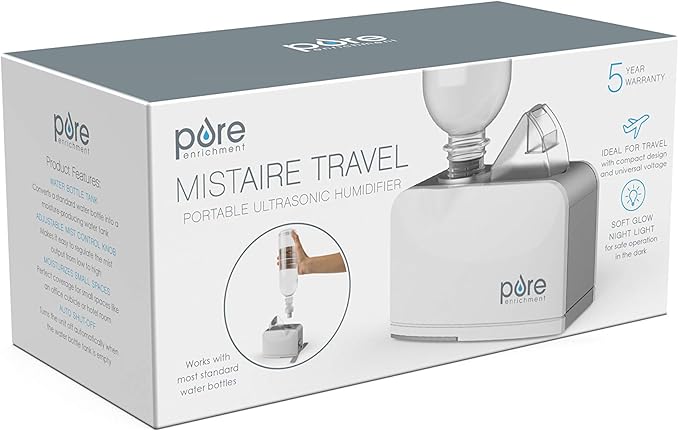 Pure Enrichment MistAire Travel - Ultrasonic Cool Mist Water Bottle Humidifier with Auto Shut-Off, Mood Light, Fold-Out Leg, and Storage Bag for Portable Use at Home, Office, Hotel, and More