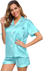 SWOMOG Womens Silk Satin Pajamas Set Short Sleeve Sleepwear Button Down Top and Shorts Loungewear 2 Piece Pjs Set XS-3XL