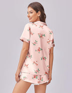 Ekouaer Womens Silk Satin Pajama Set Print Short Sleeve Sleepwear Button Down Pjs Shorts Set Loungewear