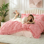 BEDELITE Pink Comforter Set Queen - 3 Pieces Boho Ruffle Pintuck Bedding Comforter Sets, Lightweight Soft & Warm Bed Comforter with 2 Pillowcases for Spring,Valentines Day Gift