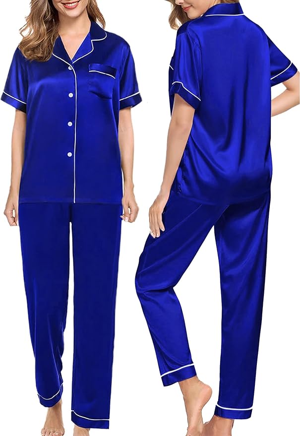 SWOMOG Women Satin Pajamas Set Short Sleeve Top & Pants Sleepwear Silky Button Down Nightwear 2pcs Loungewear Pjs Set