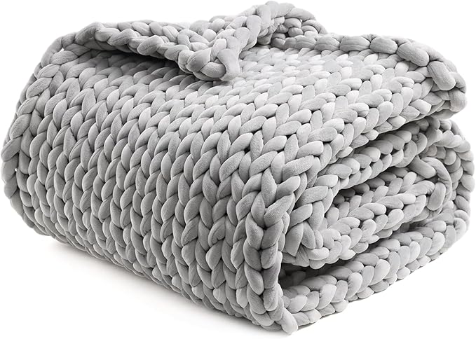 YnM Velvet Weighted Blanket, Handmade Chunky Knitted Design, Soft and Cozy, Temperature Regulating and Breathable, Machine Washable Throw for Sleep or Home Decor (Light Grey, 85x103 Inch, 30lbs)