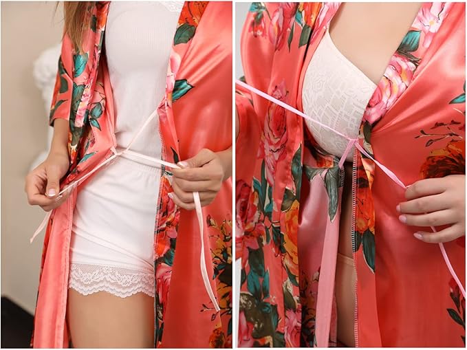QXQTER Peony Floral Silky Satin Robe Wedding Bridal Party Bride Bridesmaid Robes for Women Dressing Gown Kimono Robe
