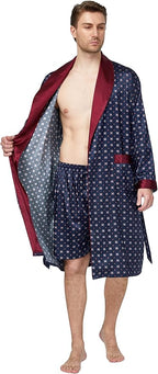 Tony & Candice Men's Satin Robe Lightweight Long Sleeve Silk Kimono Bathrobe with Shorts Set Sleepwear