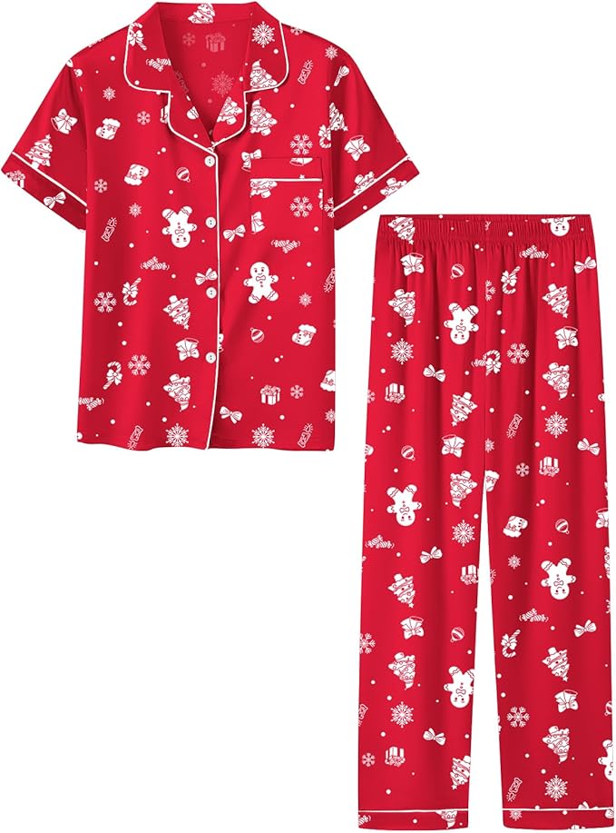 Umeyda Girls Womens Pajamas Set, Satin Silky Button Down Loungewear 2 Piece Short Sleeve Pants PJS Sets for Mommy Kids