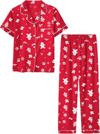 Umeyda Girls Womens Pajamas Set, Satin Silky Button Down Loungewear 2 Piece Short Sleeve Pants PJS Sets for Mommy Kids