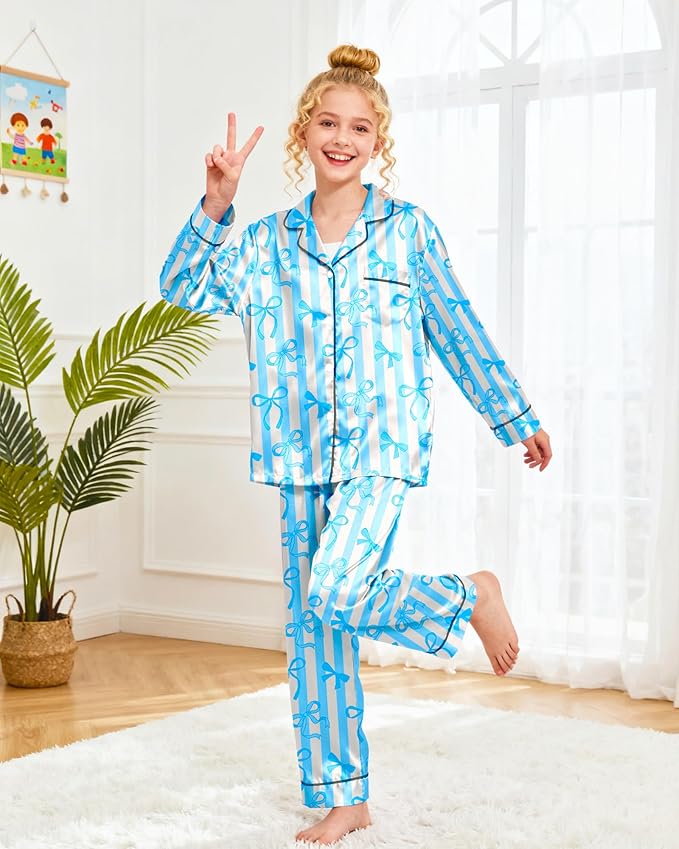 Girls Pajamas Silk PJS Set Satin Sleepwear Long Sleeve Jammies for Kids Button-Down Nightwear Loungewear 3-16 Years