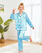 Girls Pajamas Silk PJS Set Satin Sleepwear Long Sleeve Jammies for Kids Button-Down Nightwear Loungewear 3-16 Years