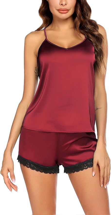 Ekouaer Satin Pajamas Women Lace Sleepwear Lingerie Cami Shorts Set Nightwear XS-XXL