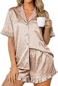 Ekouaer Womens Satin Pajamas Set 2 Piece Button Down Silk Pjs Ruffle Short Sleeve Shorts Set Notch Collar Sleepwear