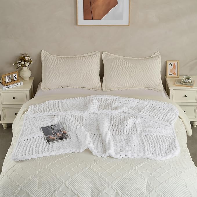 Soft Knitted Throw Blanket - 50x60 Inch Cozy & Lightweight All-Season Blanket, Wrinkle-Resistant Polyester for Couch, Bed, Sofa, Reading Nook (White)