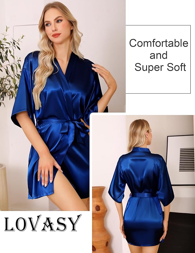 Lovasy Women's Satin Robes Silky Short Robe Lightweight Sleepwear Bride Bridesmaids Bathrobes Dressing Gowns Loungewear S-XXL
