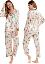 SWOMOG Womens Silk Satin Pajamas Set Long Sleeve Button Down Sleepwear 2 Piece Lounge Set Pj Set XS-3XL