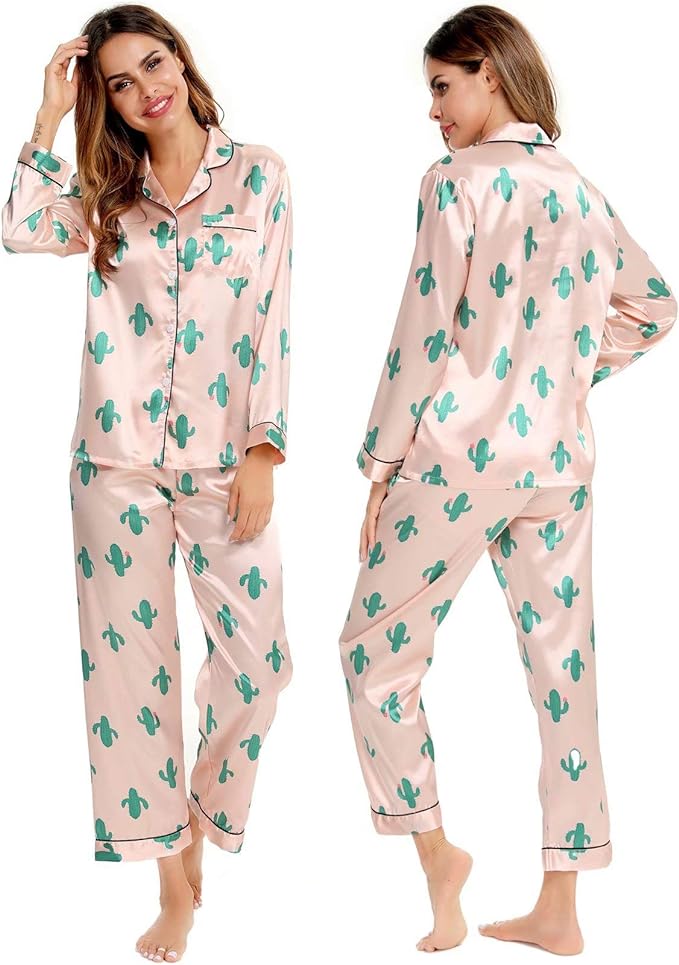 SWOMOG Womens Silk Satin Pajamas Set Long Sleeve Button Down Sleepwear 2 Piece Lounge Set Pj Set XS-3XL