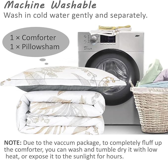ALEISSEL Natural Cotton 2pcs Floral Comforter Sets Twin Size-Gray Comforter with Luxurious Brown Branches and Taupe & Gray Leaves on White, Reversible Lightweight Bedding Sets(Twin 68"×90")