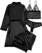 WDIRARA Women' Silk Satin Pajamas Set 4pcs Lingerie Floral Lace Cami Sleepwear with Robe