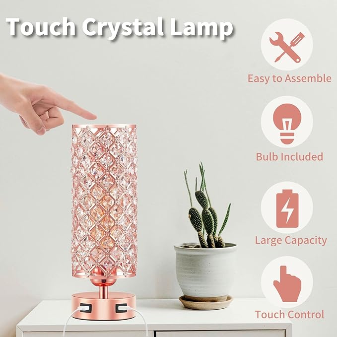 Crystal Table Lamps, Rose Gold Touch Desk Lamp Bedside Pink Lamp with 2 USB Charging Port Nightstand Night Light Room Decor for Bedroom, Kids Room, Home Office, Living Room,Bar, Restaurant