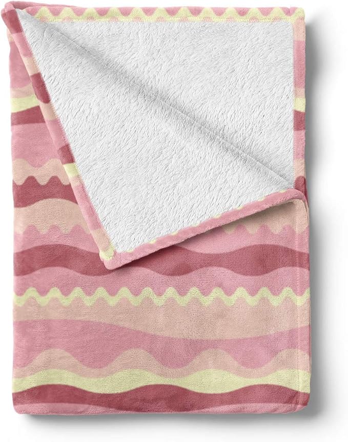 Lunarable Dusty Rose Throw Blanket, Doodle Style Waves Horizontal Stripes Simplistic Cheerful, Flannel Fleece Accent Piece Soft Couch Cover for Adults, 60" x 80", Dried Rose Pale Pink
