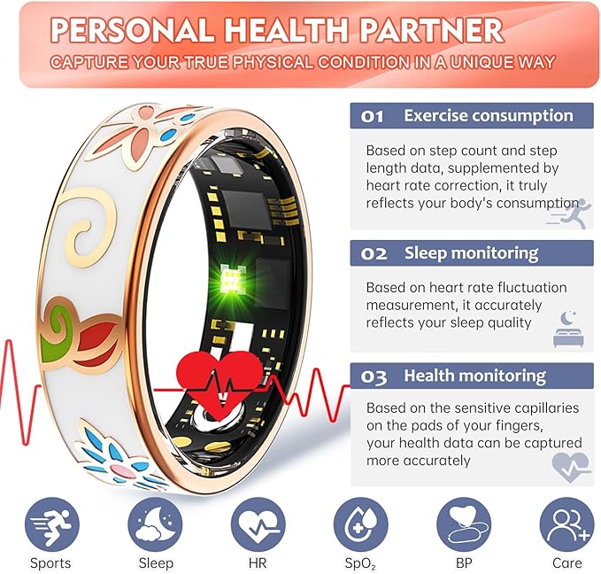 Smart Ring Health Tracker for Women Men, Sleep Tracker with Heart Rate,SpO₂,Blood Pressure, Fitness Ring for Activity Monitoring, No Subscription, Step Tracker Ring for ios&Android (Enamel color,#10)