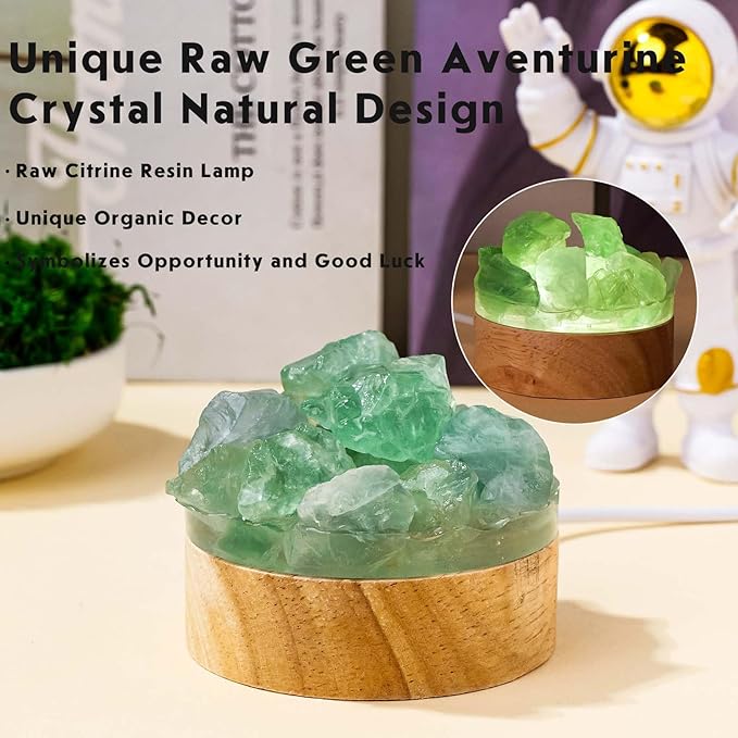 Runyangshi Fluorite Night Light with Natural Raw Green Crystal - USB Powered Focus Lamp for Study, Office, Meditation, Healing Crystal Decor with Wood Base, Clarity & Learning Aid