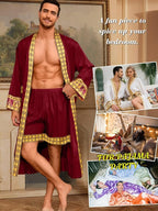 ChiaoLezhee Men's Luxury Silky Robe & Shorts Set, 2PC Lightweight Satin Pajamas with Pockets, Opulent Baroque Kimono Gifts