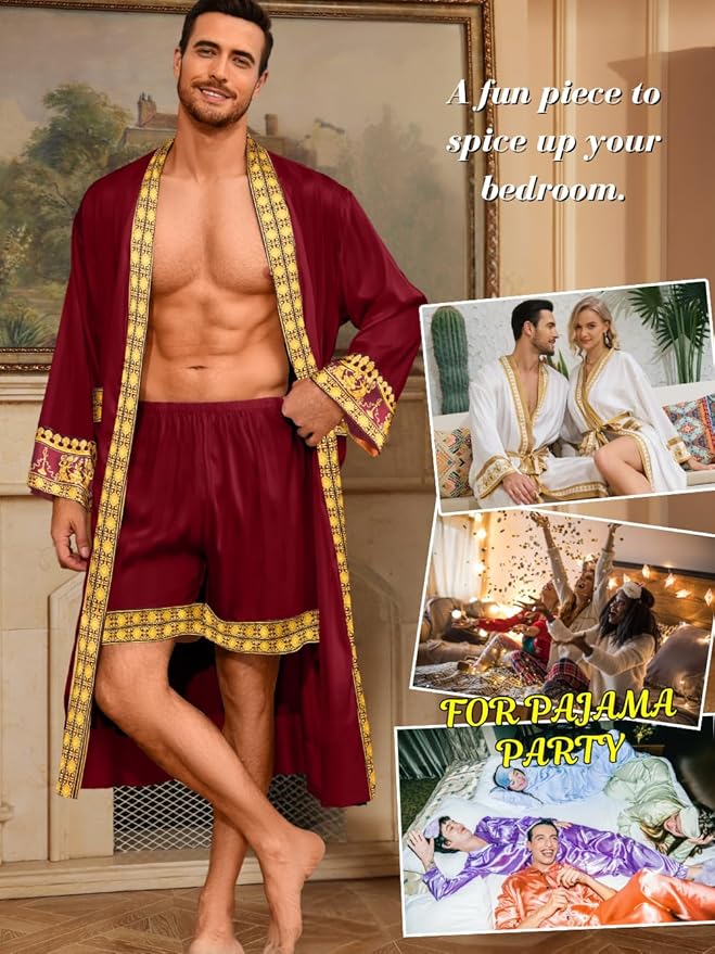 ChiaoLezhee Men's Luxury Silky Robe & Shorts Set, 2PC Lightweight Satin Pajamas with Pockets, Opulent Baroque Kimono Gifts