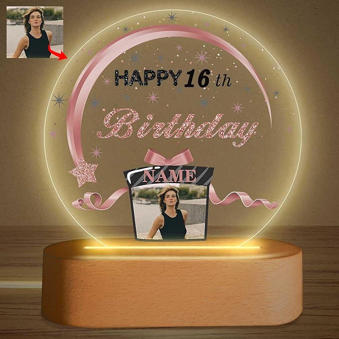 Customized Birthday Gifts Personalized Acrylic LED Night Light Lamp Crystal Ball Plaque Custom Photo Name Birthday Gifts for Mom Kids (Rose Gold and Black)