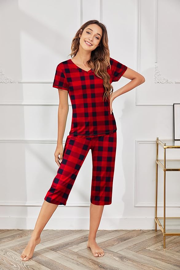 Ekouaer Women's Sleepwear Capri Pajama Sets Short Sleeve Two-Piece Pjs V Neck Tops & Capri Pants with Pockets S-3XL