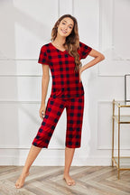 Ekouaer Women's Sleepwear Capri Pajama Sets Short Sleeve Two-Piece Pjs V Neck Tops & Capri Pants with Pockets S-3XL