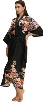 Kihnop Women's Floral Long Kimono Robe Long Satin Robe Long Silk Robe Ladies Kimonos Silky Bathrobe Cover Up, One Size