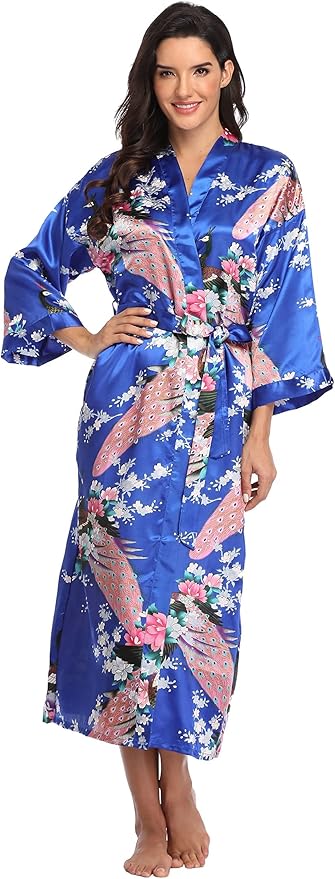 Valennia Women Long Silky Bathrobe Satin Kimono Robe Floral Printed Dressing Gown Sleepwear
