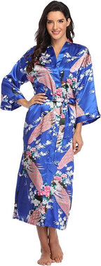Valennia Women Long Silky Bathrobe Satin Kimono Robe Floral Printed Dressing Gown Sleepwear