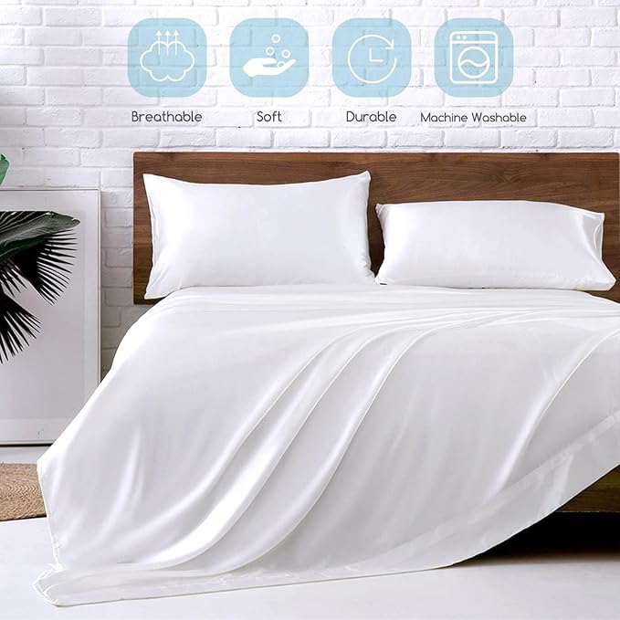 MR&HM Satin Bed Sheets, King Size Sheets Set, 4 Pcs Silky Bedding Set with 15 Inches Deep Pocket for Mattress (King, White)
