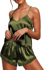 Ekouaer Satin Pajamas Women Lace Sleepwear Lingerie Cami Shorts Set Nightwear XS-XXL
