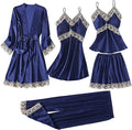 Women's 4pcs Silk Satin Pajamas Set Floral Lace Trim Dress with Robe Lounge Sleepwear Nightdress Novelty Loungewear