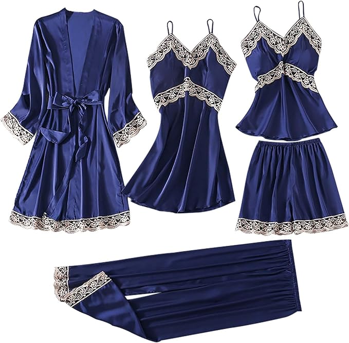 Women's 4pcs Silk Satin Pajamas Set Floral Lace Trim Dress with Robe Lounge Sleepwear Nightdress Novelty Loungewear