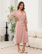 Ekouaer Robes for Women Long Knit Bathrobe Lightweight 3/4 Sleeves Kimono Robe Soft Sleepwear with Pockets S-XXL