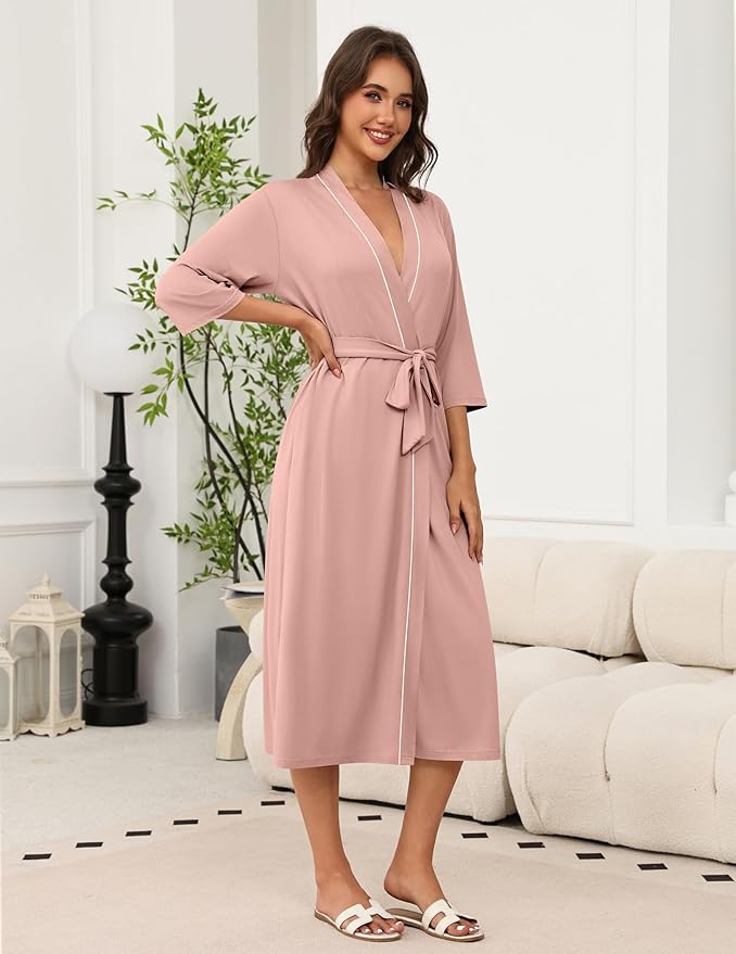 Ekouaer Robes for Women Long Knit Bathrobe Lightweight 3/4 Sleeves Kimono Robe Soft Sleepwear with Pockets S-XXL