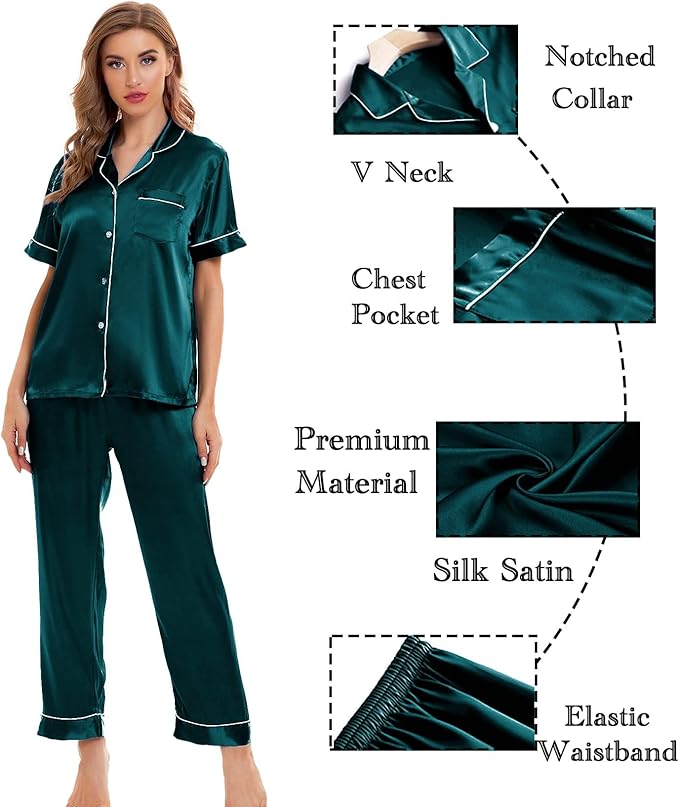 SWOMOG Women Satin Pajamas Set Short Sleeve Top & Pants Sleepwear Silky Button Down Nightwear 2pcs Loungewear Pjs Set