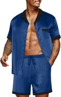 Ekouaer Men Satin Silk Pajamas Set with Pockets Sleepwear Shorts Satin Summer Loungewear 2 Piece Button Down Set S-3XL