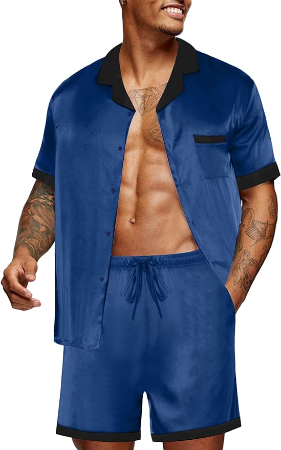 Ekouaer Men Satin Silk Pajamas Set with Pockets Sleepwear Shorts Satin Summer Loungewear 2 Piece Button Down Set S-3XL