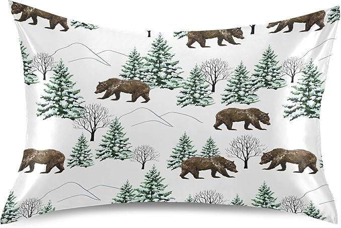 Bear Print Satin Pillowcase Queen Size, Winter Forest Silk Pillow Case with Envelope Closure, Satin Pillowcase for Hair and Skin, 20x30 inches, White, 1 PC