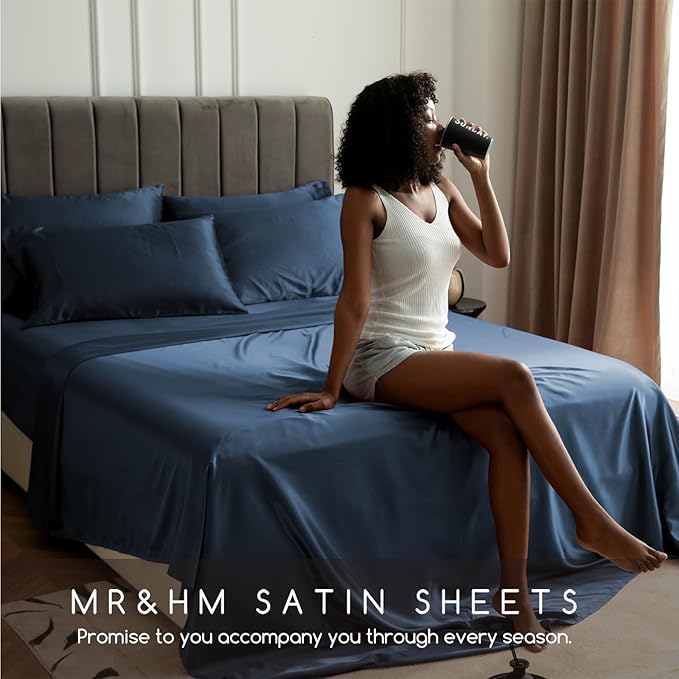 MR&HM Satin Bed Sheets with Elastic Corner Straps, King Size Sheets Set, 4 Pcs Silky Bedding Set with 15 Inches Deep Pocket for Mattress (King, Mood Indigo)