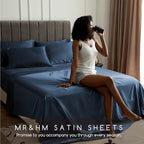 MR&HM Satin Bed Sheets with Elastic Corner Straps, Queen Size Sheets Set, 4 Pcs Silky Bedding Set with 15 Inches Deep Pocket for Mattress (Queen, Mood Indigo)